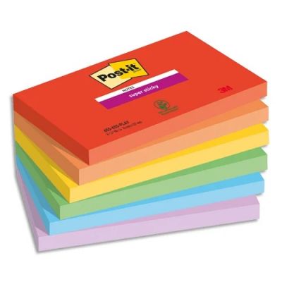 Post-it® Super Sticky Notes, Playful Colour Collection, 76 mm x 127 mm, 90 Sheets/Pad, 6 Pads/Pack