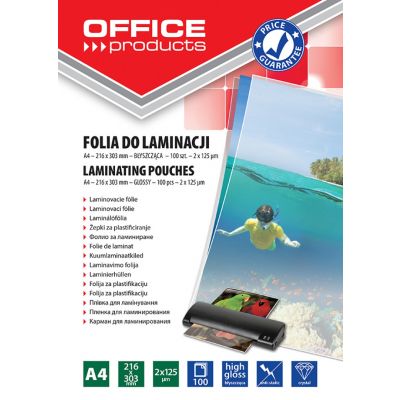 Lamination foil, OFFICE PRODUCTS, A4, 2x125 micr; glossy, 100 pcs