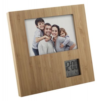 Photo frame BOOFRAME with clock and weather station, bamboo