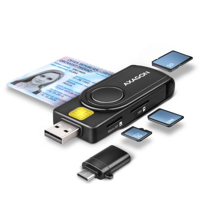 Kiipkaardilugeja Axagon CRE-SMP2A SD-mälukaardi-, SIM/ID-kaardi lugeja SmartCard PocketReader, Win/Mac/Linux/Android, USB-C adapter