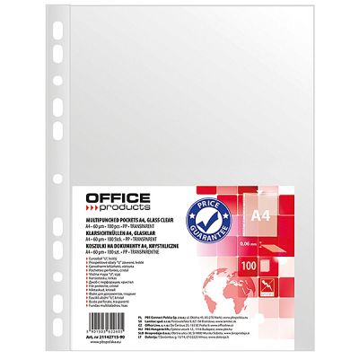 Punched Pockets OFFICE PRODUCTS, PP, A4, clear, 60 micron, 100pcs