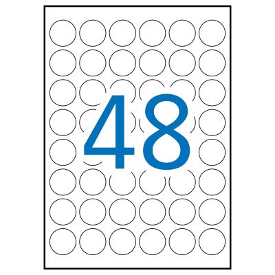 White permanent labels Ø 30.0 mm, 48 on A4 sheet, 25 sheets