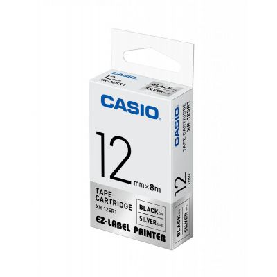 Casio XR-12SR1 Tape Cassette, 12mm X 8m, Black on Silver For use with Casio Label Printers