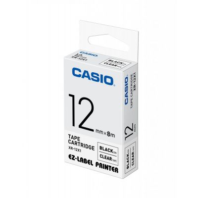 Casio Color tapeXR-12X1 - Black text on clear tape. 12mm wide, 8m long.