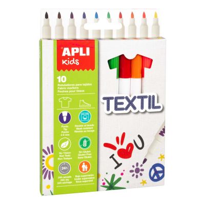 Textile markers Apli, round tip 2,9 mm, 10 colors set