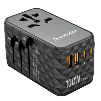 Verbatim GAN III UNIVERSAL TRAVEL ADAPTER UTA-06 WITH 2 X USB-C PD 100W & QC 4+ / 2 X USB-A QC 3.00