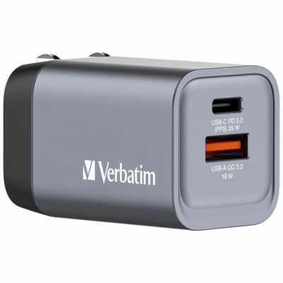 USB-laadija seinapesasse Verbatim GaN , USB-C Power Delivery 35W (PD3.0), USB-A Qualcomm QuickCharge QC3.0 18W, EU/UK/US seinapistik