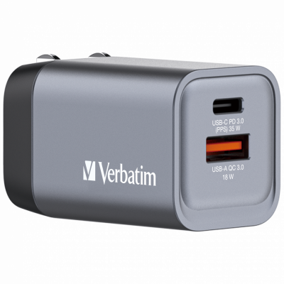 USB-laadija seinapesasse Verbatim GaN 35W, USB-C Power Delivery (PD3.0), USB-A Qualcomm QuickCharge QC3.0 18W, EU/UK/US seinapistik