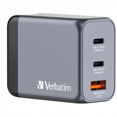 USB-laadija seinapesasse Verbatim GaN, 2xUSB-C Power Delivery 65W (PD3.0), USB-A Qualcomm QuickCharge QC3.0 30W, EU/UK/US seinapistik