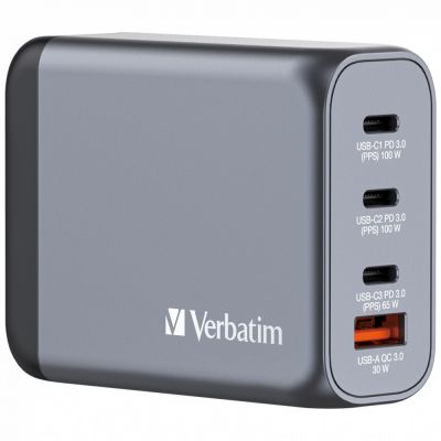 USB-laadija seinapesasse Verbatim GaN 100W, 2xUSB-C, 1xUSB-C (PD3.0), USB-A Qualcomm QuickCharge QC3.0 30W, EU/UK/US seinapistik