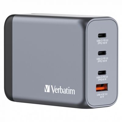 USB-laadija seinapesasse Verbatim GAN 200W, 2xUSB-C 100W, 1xUSB-C 65W (PD3.0), USB-A Qualcomm QuickCharge QC3.0 60W, EU/UK/US seinapistik