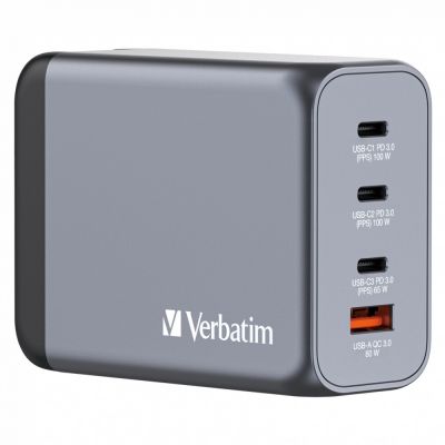 USB-laadija seinapesasse Verbatim GaN 200W, 2xUSB-C 100W, 1xUSB-C 65W (PD3.0), USB-A Qualcomm QuickCharge QC3.0 60W, EU/UK/US seinapistik