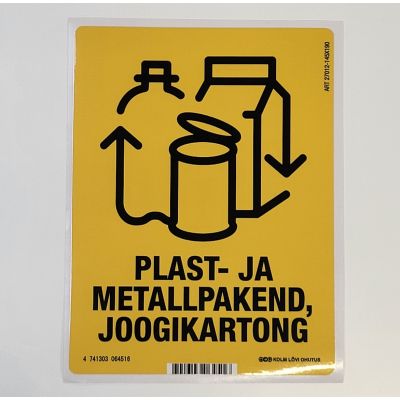Kleebis prügikastile - Plast- ja metallpakend, joogikartong 145x190mm, väliskasutusse, VINÜÜL kaitsekilega, tavaliim