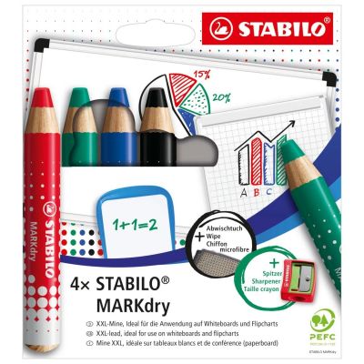 Marker for whiteboard and flipchart STABILO MARKdry Wallet of 4 including sharpener and wiping cloth