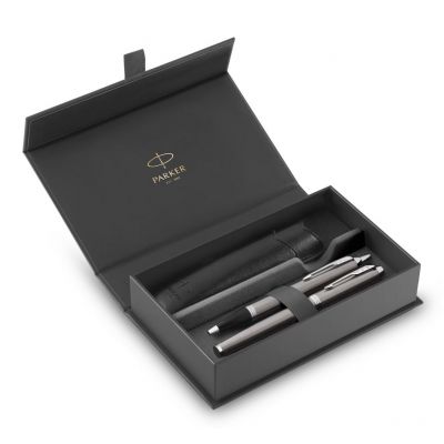 Gift set Parker IM Stainless Steel, fountain pen Medium + ball pen Medium +pencil case