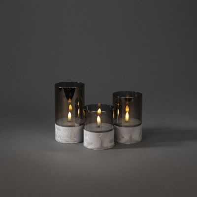 Küünalde komplekt 3 tk, H-10/12.5/15cm, D-8cm, wwLED suitsuklaas, taimer 6h, lisada patareid 2xAA/hall alus