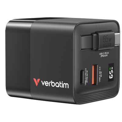 USB-laadija seinapesasse Verbatim GaN 65W, 1xUSB-C Power Delivery 3.0, 1xUSB-A QC3.0, 1xUCB-C väljakeritav 80cm kaabel, USB-A Qualcomm QuickCharge QC3.0 30W, EU/UK/US seinapistik