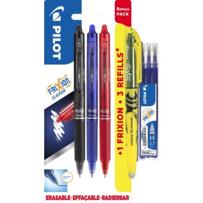 Pilot Frixion bonus pack: Rollerball pen Pilot Frixion CLICKer 0,7 blue, blak and red + 3 refills and yellow  Frixion highlighter for free