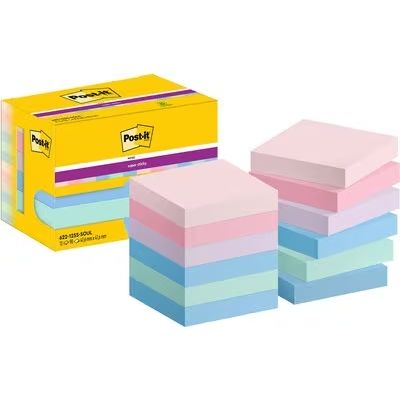 Post-it® Super Sticky Notes, Soulful Colour Collection, 47.6 mm x 47.6 mm, 90 Sheets/Pad, 12 Pads/Pack